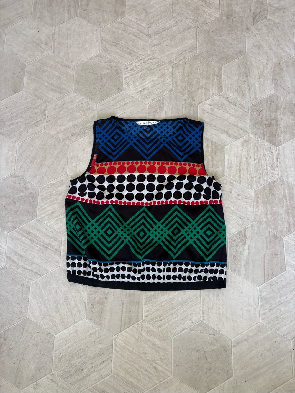Trina Turk Bold Geo-Print Sleeveless Silk Blend Top - Black/Green/Blue/Red